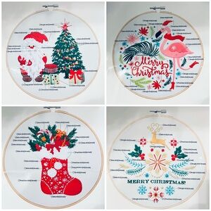 🎄XMAS Embroidery Sets (4) W/Ring,, Needles, Instructions & Patterns NWT.